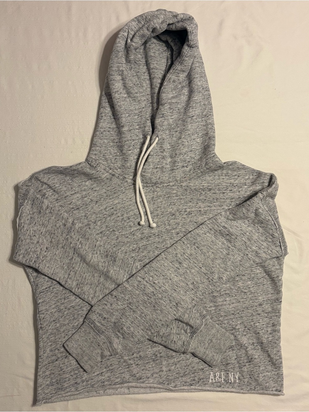 Abercrombie & Fitch Grey Speckled Cropped Hoodie- Raw Hem- A&FNY Logo